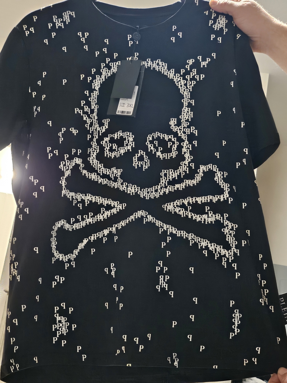 Philipp Plein Black Skull & Crossbones Tee with White 'p' Print